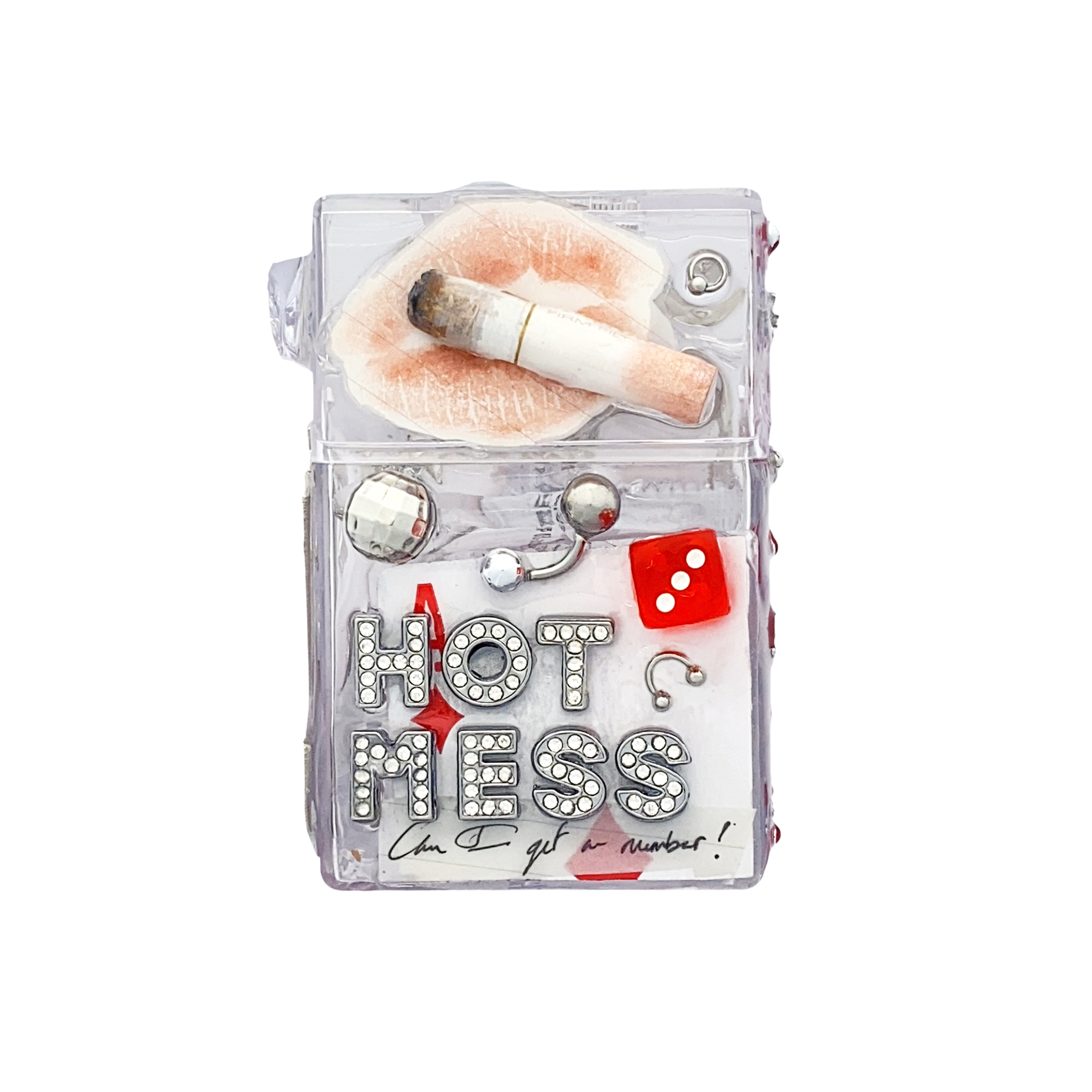 Clear case with makeup items and 'Hot Mess' text on a white background