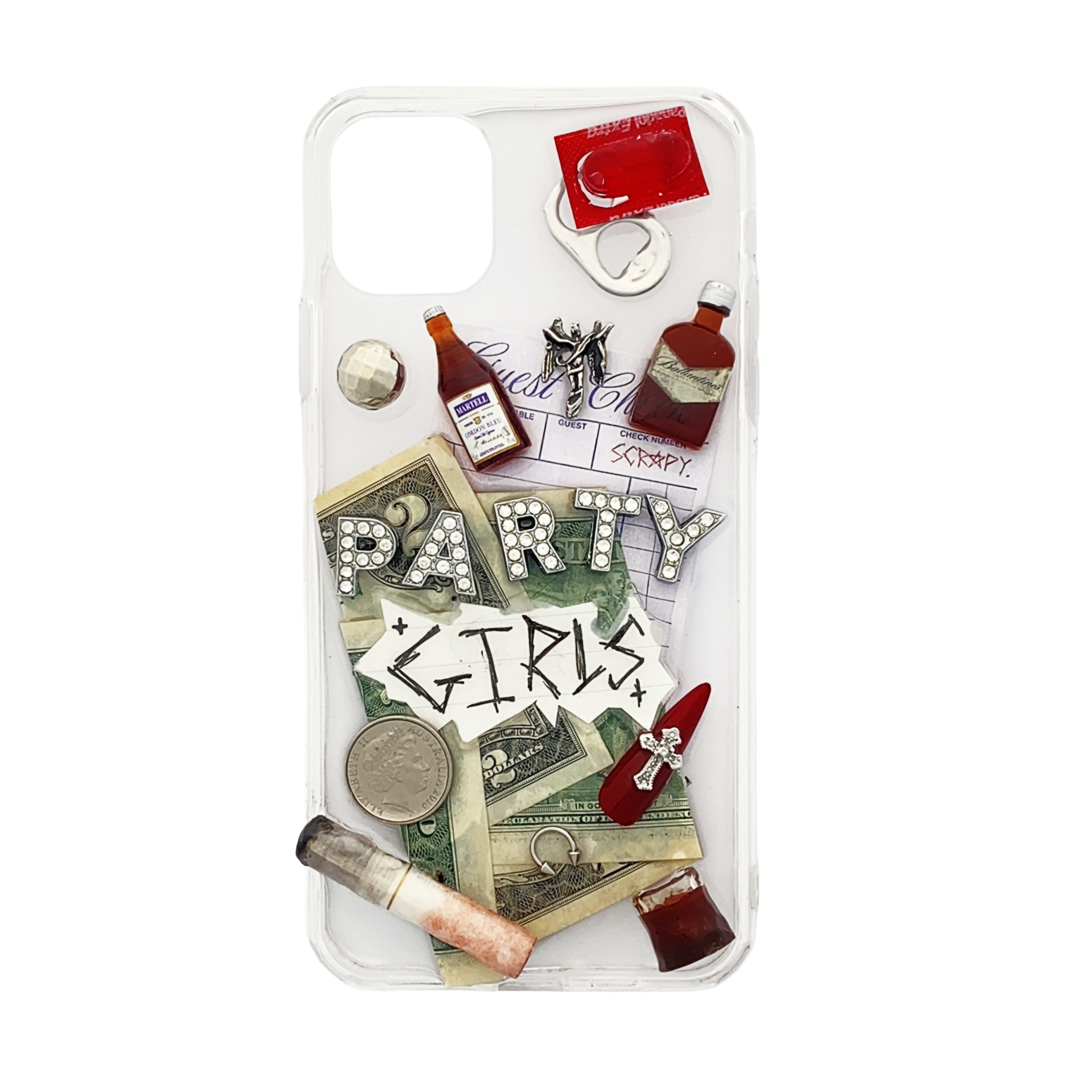 Phone case with party-themed design including money, bottles, and 'Party Girls' text on a white background