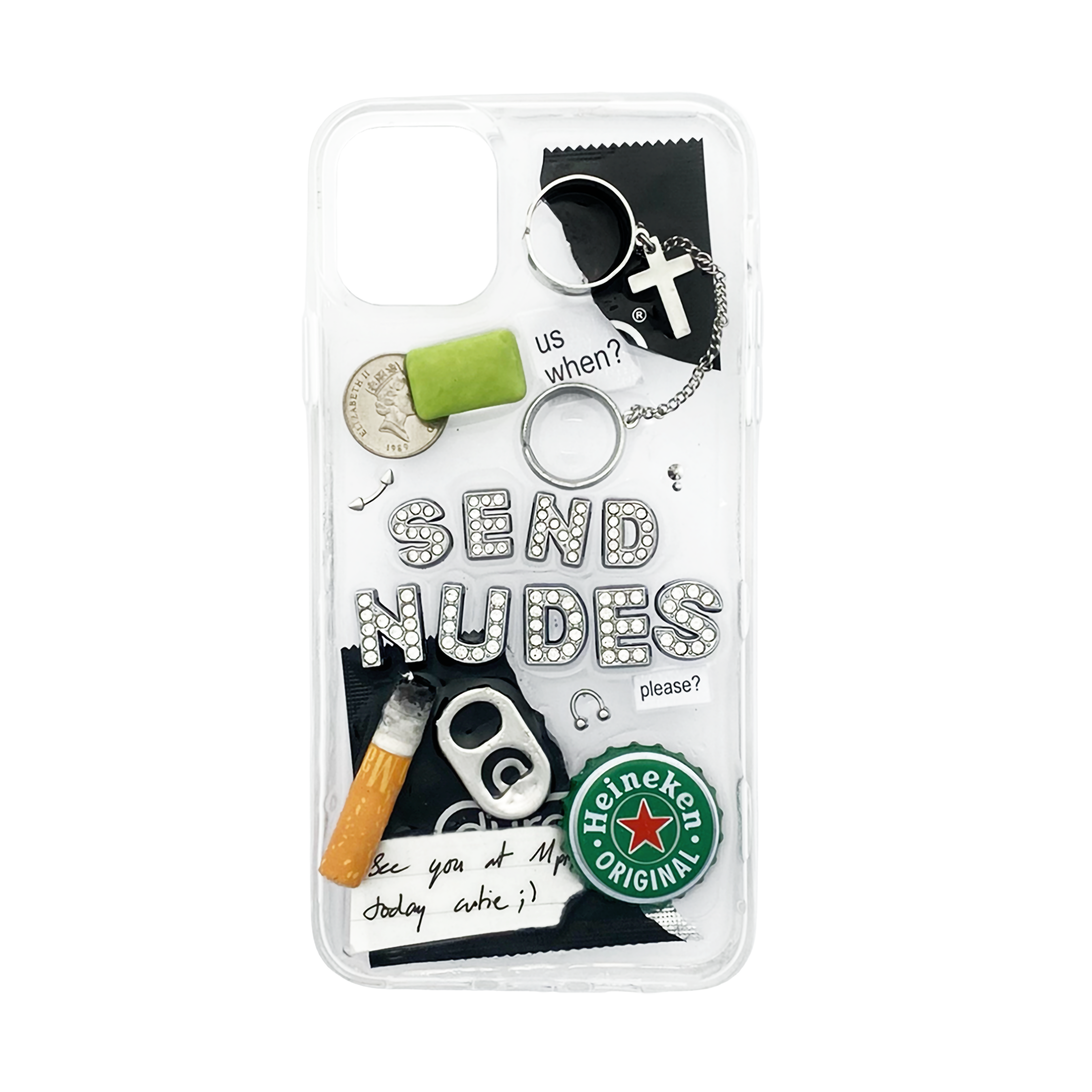 Phone case with pull tab, beer cap, couple rings inspired by 'situationship'