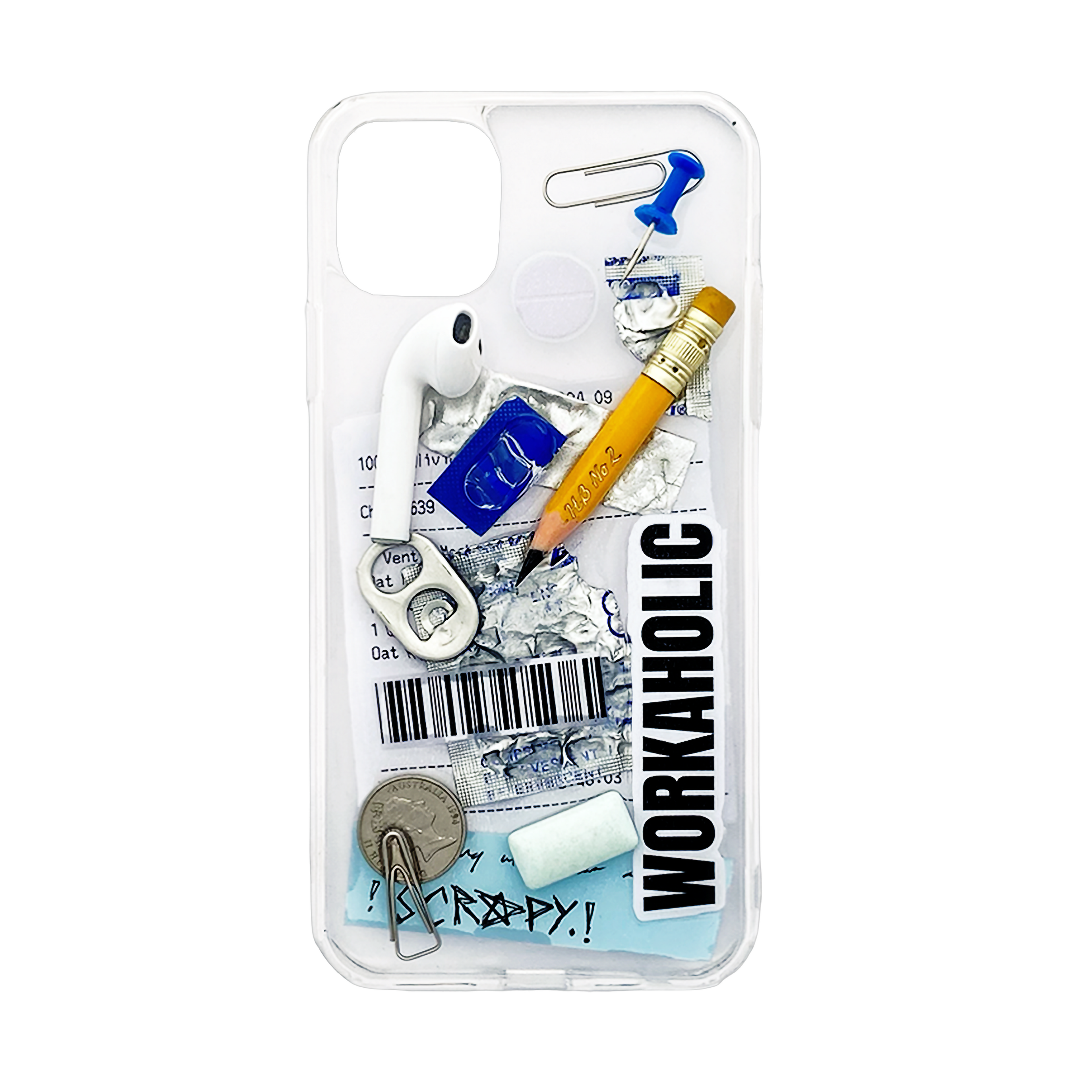 Phone case with stationery items and 'Workaholic' text on a white background